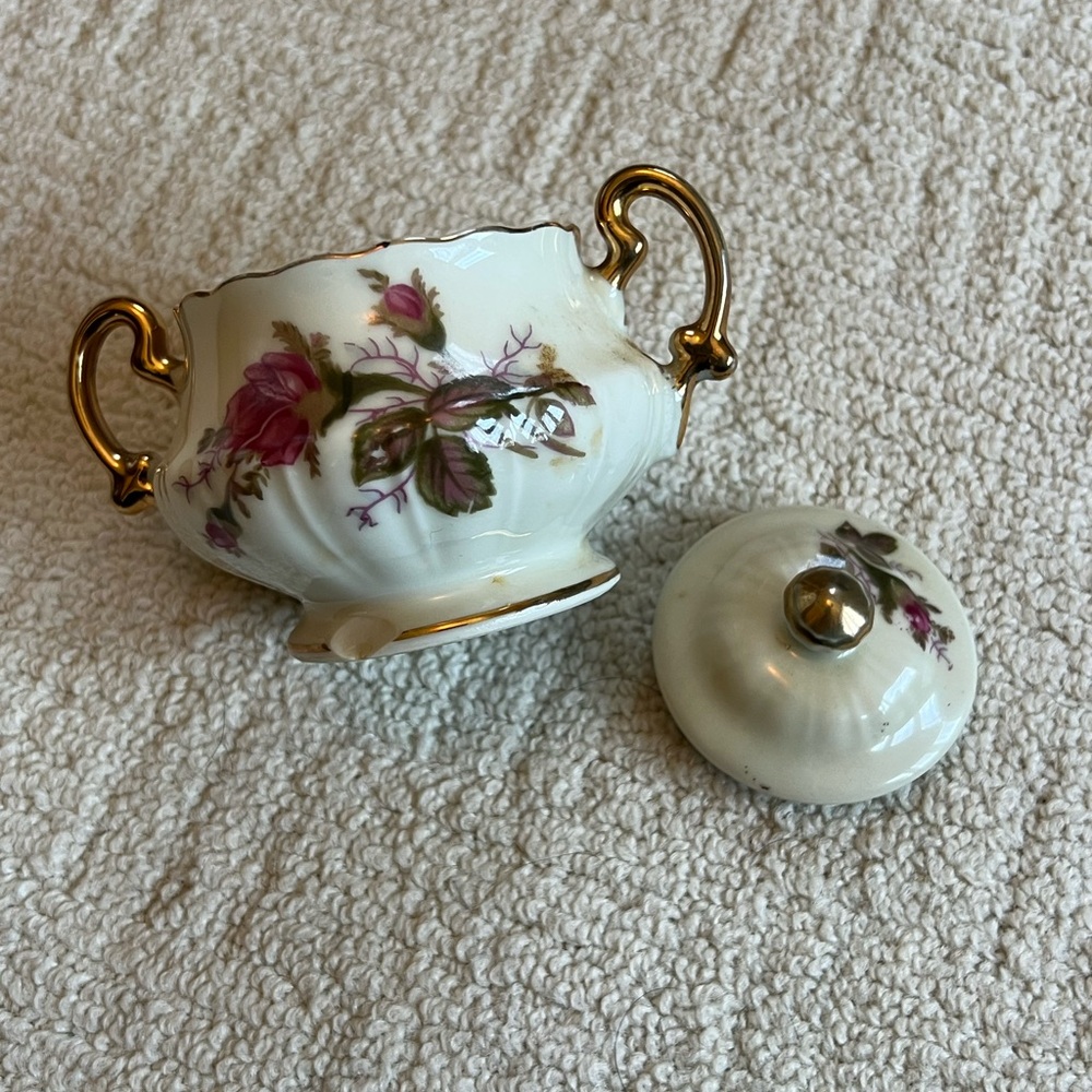 Vintage Anique Floral Porcelain Sugar Bowl Gold Accents - Picture 6 of 6
